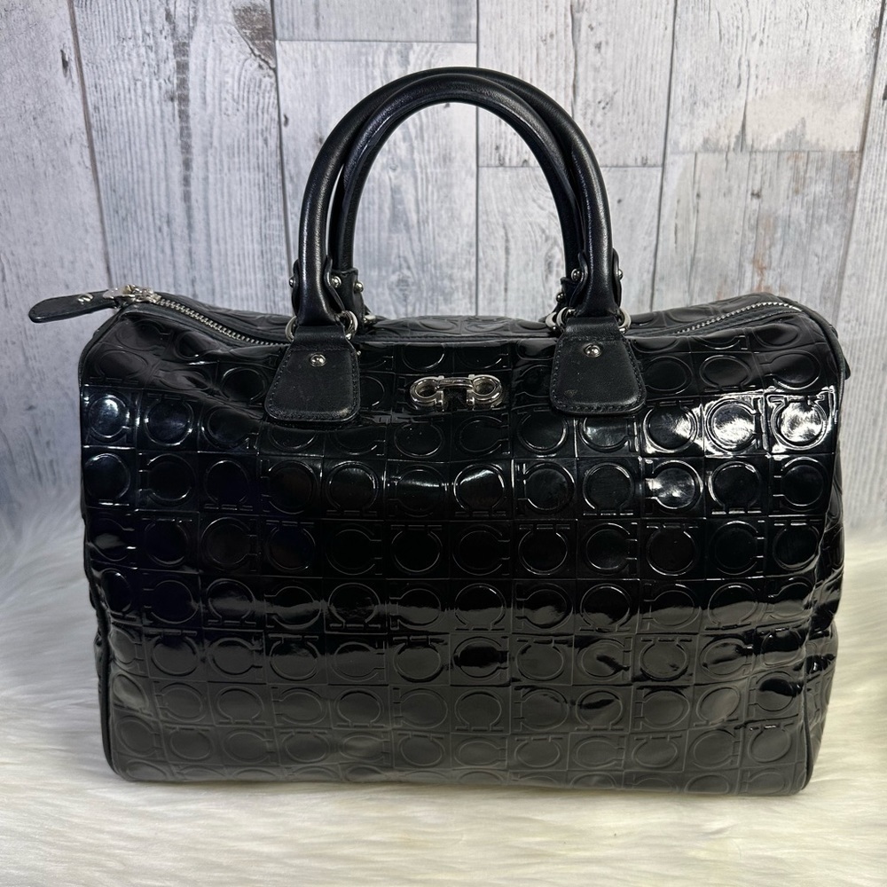 SALVATORE FERRAGAMO embossed speedy patent leather hand bag in black